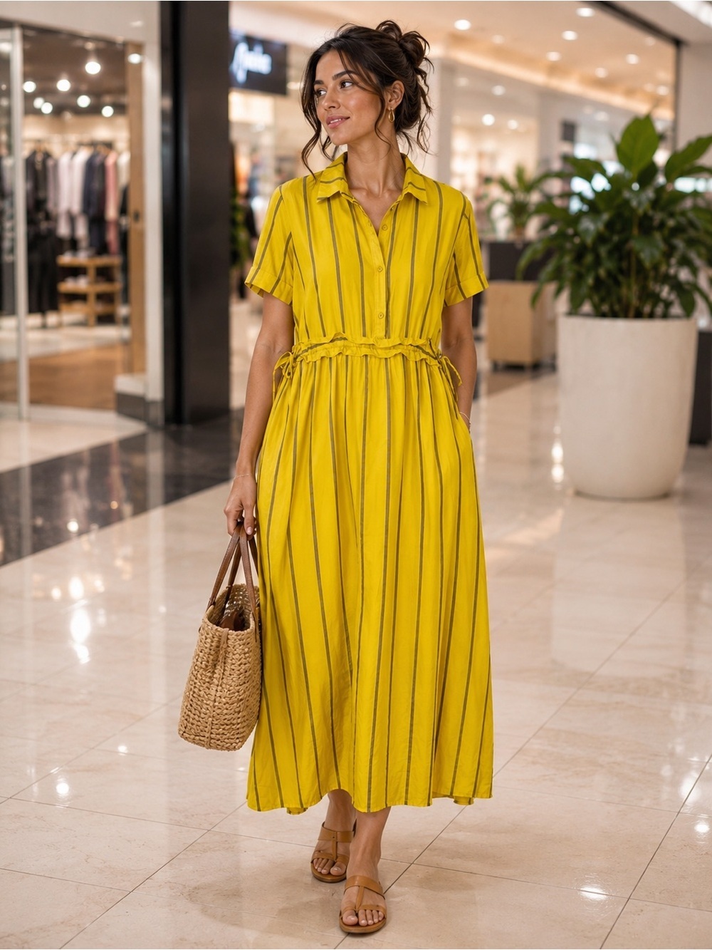 Striped Yellow Button-Front Maxi Dress